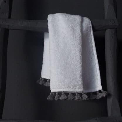 hign end bath towel handmade grey pompoms