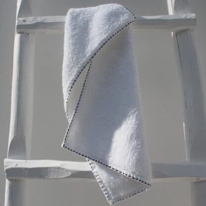 white thick terry towel hand embroidered running stitch