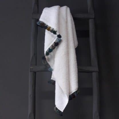 White terry hand towel aqua pompons