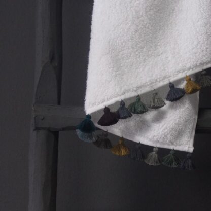 Aqua pompons white bath towel with multicolored pompoms