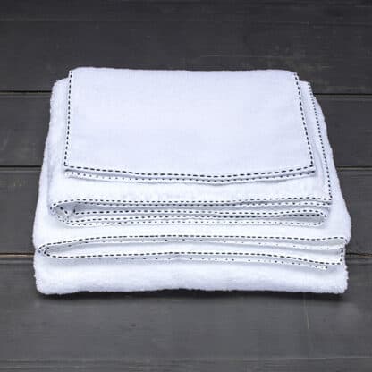 buy white thick terry towel with black hand embroidery
