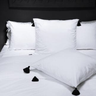 White bed linen large black tassels: hand-embroided quality textile