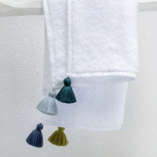 White terry towel TULUM Aqua : handmade bath linen with pompoms