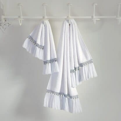 Luxury white bath towels with long fringes and black hand embroidered knots