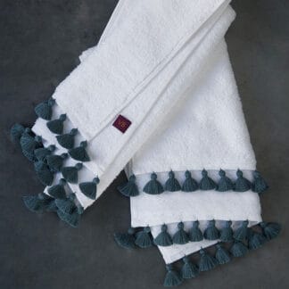 Handmade blue-grey pompoms Lamu bath linen