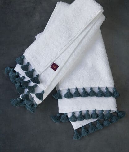 Handmade blue-grey pompoms Lamu bath linen