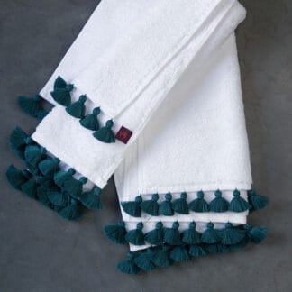 White bath linen with blue tassels LAMU Peacock, a handmade finishing