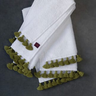 Lamu bath linen olive pompoms by valérie barkowski