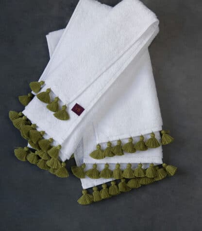 Lamu bath linen olive pompoms by valérie barkowski